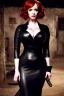 Placeholder: Christina Hendricks dressed in black leather gown, with a whip in her hand, inside a dungeon, busty, cleavage, angry, stern look, volumetric lighting, particales,highly detailed,cinematic, deep colours,8