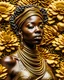 Placeholder: masterpiece, vibrant colors, an african female wearing gold jewelry, surrounded by giant gold flowers, hyper realism, 8k, ultra detailed, photorealistic, ultra realistic