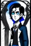 Placeholder: black haired blue eyed young man necromancer with gothic jewelry in the style of charles addams