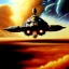 Placeholder: dramatic atmospheric Chris Foss painting of a space explosions battle scene with an armored VTOL hovercraft with gun turret in the desert with stormy sky and a duststorm