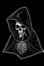 Placeholder: 1950s skeleton in a black hooded cloak drawn in a early animation rubber hose animation style, inside a light diamond shape on a black background, monochromatic