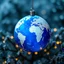 Placeholder: all World Map Globe xmas Ball in Blue-white Colors and warh lights, blur background with snowflakes , and pines, intricate details, beautifully shot, hyperrealistic, sharp focus, 64 megapixels, perfect composition