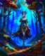 Placeholder: Cuerpo completo, cuerpo completo, Pintura anime 2d de una Reyna elfo caminando en el bosque, coloreada, maximalista, calidad ultra, hiperdetallada, 12k