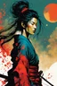 Placeholder: create an imaginative shunga style print illustration of an ethereal, otherworldly gaunt and withered ancient female ronin samurai vampire , in the comic book art style of Bill Sienkiewicz, Mike Mignola, and Jean Giraud Moebius, with highly detailed feminine facial features, styled after Sekiro