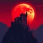 Placeholder: 8 bit pixelart a towering castle perched atop windswept cliffs, its jagged stone figure bathed in the cinematic crimson glow of a giant, imposing red harvest moon, red sky