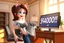 Placeholder: 3D video game character, brunette woman with blue eyes in t-shirt with a cat head on it, blue jeans, standing happily shocked looking at a computer on a desk, there is a sign on the monitor "54000!!!" in an elegant modern room in sunshine