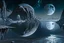 Placeholder: Grey Exoplanet in the hotizon, rocks, Night, lagoon reflection, sci-fi, epic, otto pippel painting