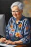 Placeholder: Oil paint on canvas, chiaroscuro, deep shadows, masterpiece, happy, 2020 caught off guard, 79-year-old Phyllis Kendall, short buzz-cut gray hair, overweight, blue eyes, wearing a black, floral print blouse, dark blue sweat pants, sitting at the computer checking her emails