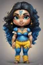 Placeholder: Create an airbrush image of a curvy chibi cartoon native American female wearing tight yellow jeans and a blue off the shoulder blouse. Prominent make up with hazel eyes. Extremely highly detailed shiny black wavy hair flowing down her back