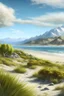 Placeholder: paisaje realista basado en la flora fauna argentina al borde de una playa con montañas nevadas de fondo en una tarde de verano