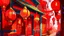 Placeholder: fantasy cartoon style illustration: red lanterns and red decorations on doors and windows in a Chinese village