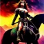 Placeholder: portrait oil on canvas, beautiful punk busty female Savage Barbarian Warrior, riding a Black Horse,green eyes, ,minimal armor,comic book cover, mystical colors,insanely detailed,realistic,intrincate detail, 16k resolution, masterpiece,Frank Frazetta,Alex Horley, Simon Bisley