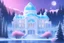 Placeholder: in a snowy and bright landscape a magnificent palace, tall trees, delicate flowers a pond in the foreground, a fountain, snowflakes, a blue sky,8k, very hight definition