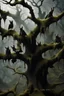 Placeholder: A group of black bats hanging upside down from a tree without leaves . The tree skin is covered in moss and lichen, allowing it to blend seamlessly into its surroundings. Dark cave Spirits feed on the energy of trees and can create thick fog to confuse their victims.