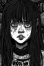 Placeholder: create a horror manga illustration of a dark haired, savage, ancient vampire girl with highly detailed , sharply defined feminine facial features, in a chaotic, turbulent, otherworldly London in the manga style of Junji Ito, precisely drawn, inked, with dramatic edges,