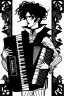 Placeholder: goth male necromancer with black hair playing a accordion in the style of Aubrey Beardsley