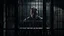 Placeholder: close up parallel prison window bars in foreground, dark prison cell behind him, hidden dark human face partially visible through the window bars, pale light, vertical shadows in background, ultra realistic, dark atmosphere, high contrasts, dark vibe, cinematic