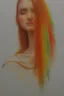 Placeholder: Beautiful perfect perfectly centered photorealistic lady crayon on pastel paper long hair, gold to orange hair, rainbow dress, close up portrait by Greg Rutkowski