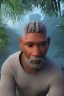 Placeholder: 3D render of a cyberpunk tribal old black man, gray hair and goatee, on a dark blue jungle background, digital art