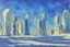 Placeholder: Sunny Day, futuristic buildings near the tree and frozen lake zone, sci-fi, impressionism painting