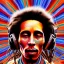 Placeholder: a realistic picture of Bob Marley with dreadlocks, at a turntable with headphones on being a DJ, jamaican color, with sunglasses, psychedelic trippy art, with UFOs in the background