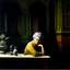 Placeholder: oil painting, woman seating down, dark, Kay Sage