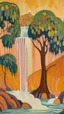 Placeholder: A light rosy orange colored grove with a waterfall designed in Australian aboriginal art painted by Alexej von Jawlensky