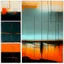 Placeholder: Minimal abstract oil paintings of a desolate 1960. Orange wires. On the floor are concrete fragments and road markings . In the dark mysterious style of Justin Mortimer and Francis Bacon. Triadic colours