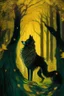 Placeholder: In the heart of a dense and enigmatic forest with towering ancient trees cloaked in emerald, yellow and amber foliage stood a witch possessing an ethereal allure her lustrous hair cascading in ebony waves down to her slender waist In the background a majestic canine of Belgian shepherd lineage roamed its eyes illuminated by an otherworldly crimson