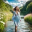 Placeholder: upper body closeup of very beautiful girl walks in water in country sidewild flowers , curvy hair ,next to small clean water river,pretty clouds in blue sky