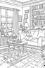 Placeholder: coloring page for kids, Cats in the living room, cartoon style, thick lines, low detail, no shading