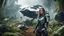 Placeholder: Wide-angle, woman with straight hair, dressed like a robot, with equipment in her hands, next to a crashed spaceship, in a clearing on an alien jungle world