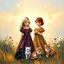 Placeholder: An elegant vertical painting suitable for a children's book cover or poster. Two young girls — one blonde, one redhead — in richly colored vintage dresses stand in a garden glowing with sunset light. Around them, three kittens rest peacefully: black, white, and ginger. The background shows softly glowing sky, flowers, and golden grass. The top third of the image is softly faded with light bokeh, creating space for a Hebrew or English title. The texture includes brush strokes, light craquelure, a