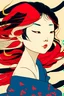 Placeholder: Vietnamese girl, primary colors with white highlights, half tone, close-up portrait, hair blown by the wind, Hokusai wave background, ukiyo-e style by Tomer Hanuka and Atey Ghailan and Roy Lichtenstein and Maxfield Parrish, expressive, in the style of official art, gorecore, koi fish and avian-themed, dark yellow and light black, oshare kei, full body.Vector, Cell shade,