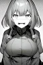 Placeholder: military girl, surprised face, greyscale