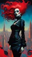 Placeholder: full body, wildly stylized representation of a audacious vampire girl with highly detailed hair and facial features by Afarin Sajedi, her silhouette residing amidst bold, attention-grabbing abstract design that's defined by bursts of vibrant, highly saturated hues, juxtaposed against stark, surrealist landscapes or bustling colored cityscapes