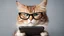 Placeholder: very clever cat with glasses and with smartphone.