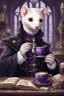 Placeholder: (anthropomorphic white ferret),dressed in ((cleric fantasy)) black and purple clothes with silver holy ornaments, realistic anatomy, fantasy tavern on background, mage and holy symbols around, serious face, hold cup of coffe, tired face, in the style of LOISH, glasses