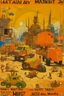 Placeholder: A yellowish orange colored unnerving junkyard with construction vehicles painted by Wassily Kandinsky