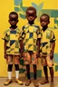 Placeholder: Frontal view of 3very dark African little boys in soccer jerseys members in bright floral trousers and white glasses, standing ", yellow background, collage njideka akunyili Crosby Bisa Butler"