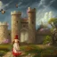 Placeholder: Epic Castle into sky, with flowers of fyre. Huge clouds and birds. Shy girl going out of the main gate. Detailed painting, sharp color, medieval, intricate detail, far sceen, realistic colors, medieval concept art. spring.