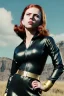 Placeholder: retro portrait image from 1960, sky background, wind, long red hair, fighting stance, sweet young Scarlett Johansson, black dress, classic tight lycra black suit, weapon, gold bracelet and belt, high heel boots, soft color, highly detailed, unreal engine 5, ray tracing, RTX, lumen lighting, ultra detail, volumetric lighting, 3d, finely drawn, high definition, high resolution.