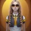 Placeholder: Girl with long wavy brown blond hair, yellow hawk eyes. Wears Hogwarts Hufflepuff uniform, sunglasses with a yellow clip. She has a snowy owl with yellow eyes on her shoulder.