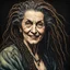 Placeholder: colored etching of an aged raggedly dressed, malevolent, predatory French female vampire , with highly detailed beaded dreadlock hair and facial features ,in the style of Rembrandt, Gian Lorenzo Bernini, and Johannes Vermeer, with a fine art aesthetic, highly detailed , realistic , 4k UHD