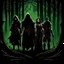 Placeholder: A group of four characters from a fictional book world. A witch, a gladiator, a thief, and an enchanter. The characters are in a dark forest. The characters are shrouded in mystery.