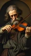 Placeholder: Hieronymus Bosch style , a man playing the violin