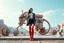 Placeholder: beautiful full body with long boots and modern dressed lady in surreal world made of recursive fractal random size modern mechanical basic objects with helical strip colors,geers, full body posing to camera
