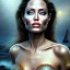 Placeholder: A beautiful portrait of Angelina Jolie as a mermaid , leaning on a ships deck ,Rough sea in the background, (digitall art by Eugene de Blaas and Ross Tran, vibrant color scheme, highly detailed, in the style of romanticism, cinematic, artstation best quality, realistic lighting, masterpiece portrait, details light dusting , cowboy shot from above, simple chain hauberk Vector art digital illustration 3D shading )