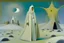 Placeholder: A woman wearing a white turban and long white coat in a surreal landscape by artist "Leonora Carrington" and "Max Ernst"