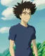 Placeholder: A skinny and tall guy with wild curly blond hair, smiling with teeth and wearing black skinny jeans and a t-shirt